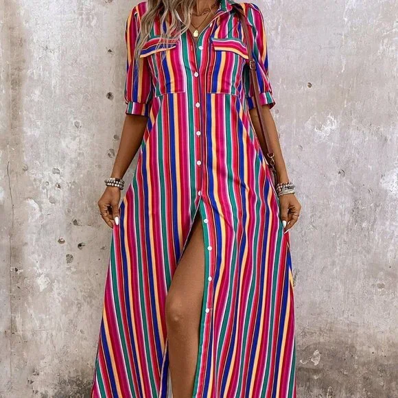 Multicolor Casual Women's Vacation Colorful Striped Front Buttoned Maxi Dress - Picture 7 of 7